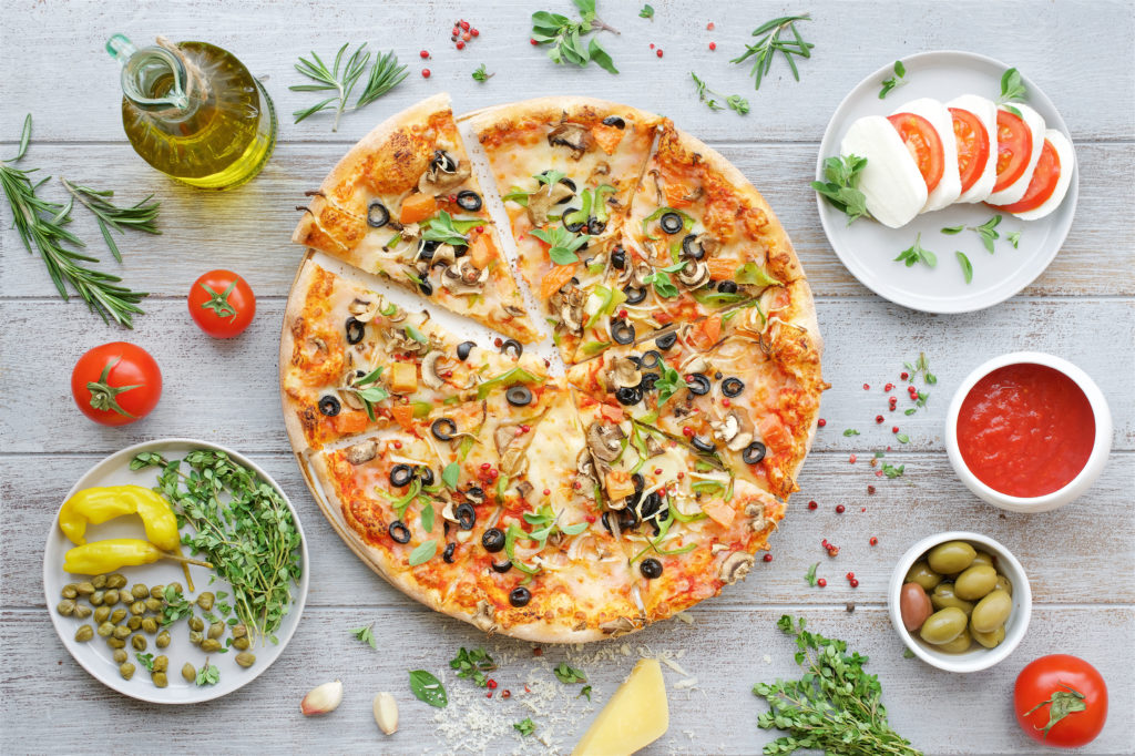 Italian Food. Pizza, Caprese Salad And Appetizers. Light Gray Ba